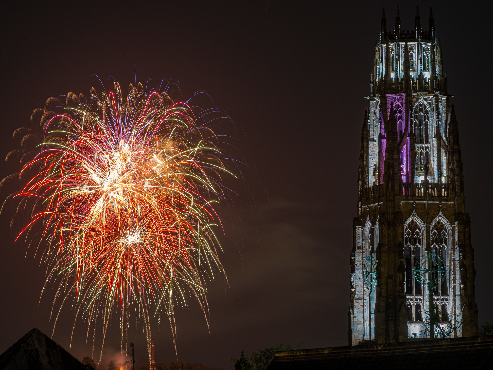 Fireworks next to Harkness Tower