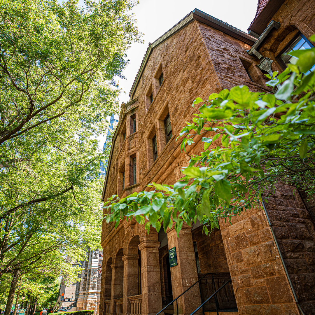 Yale campus building exterior with green trees