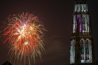 Fireworks next to Harkness Tower