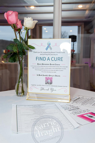 Picture of "Find a Cure" sign on table next to flowers 