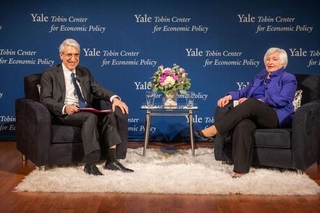 President Salovey and Secretary Yellen on stage 