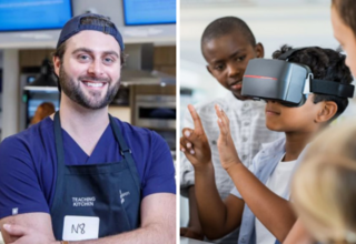 split image of Man standing in new kitchen and boy with VR headset on